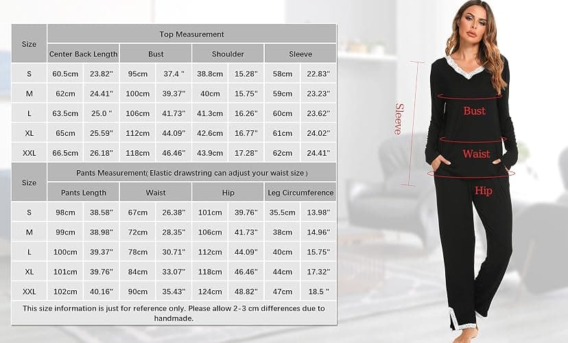 Lovasy Ensemble de Pyjama Femme Cotton Sexy Hiver Grande Taille Ensembles Manche Longue Col en V 2 Pièces Sensuel Dentelle pour Automne Noël thumbnail 6