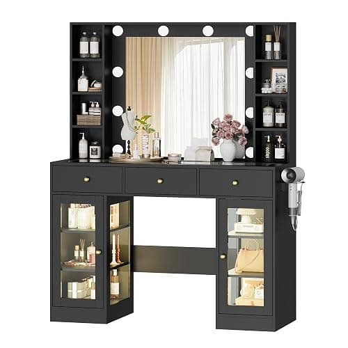 Wodeer Makeup Vanity Desk with Mirror and Lights, Black Vanity with Glass Top, LED Lights & Power Outlet, 3 Drawers & 2 RGB Glass Cabinets, Adjustable Lighted Dressing Table for Women & Girls Bedroom thumbnail 9