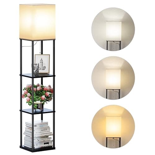 SUNMORY Floor Lamp with Shelves, Modern Square Standing Lamp with 3 Color Temperature Bulb, Corner Display Bookshelf Lamp for Living Room and Bedroom(Black) - Black