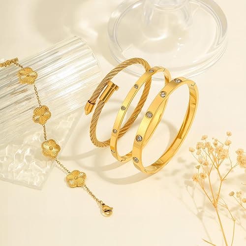 ISELBDR 18K Gold Bracelets for Women - Stackable Clover & Nail Love Bangle Set - Non-Tarnish Stainless Steel Jewelry Gift for Valentine's, Mother's Day & Christmas thumbnail 9