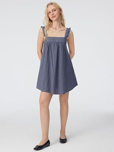 CIDER Womens Mini Dress Gingham Print Square Neck Ruffle Straps Loose Fit Slip Dress Holiday Casual Dresses thumbnail 2