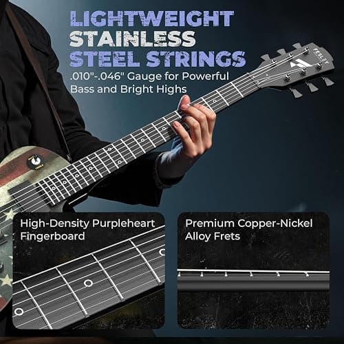 Fesley 39" LP Electric Guitar Kit: Full Size Solid Body Electric Guitars for Beginners with Humbucker Pickups,Poplar Body,Mahogany Neck,22 Frets,6 String Guitar with Gig Bag, FLP400,Matte,US Flag thumbnail 5