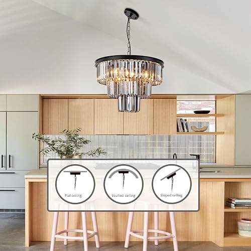 HCCZ 8 Light Black Crystal Chandelier 20'' Luxury Smoke Modern Dining Room Light Fixture 3-Tier Round Hanging Pendant Ceiling Lighting for Entryway Foyer Living Room Adjustable Height E12 thumbnail 5