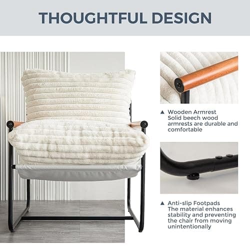 MAXYOYO Accent Chair, Sherpa Arm Chair for Living Room, Mid Century Modern Accent Chairs, Boucle Reading Bedroom Chair, Teddy Armchair, Wooden Arms Metal Frame - White thumbnail 6