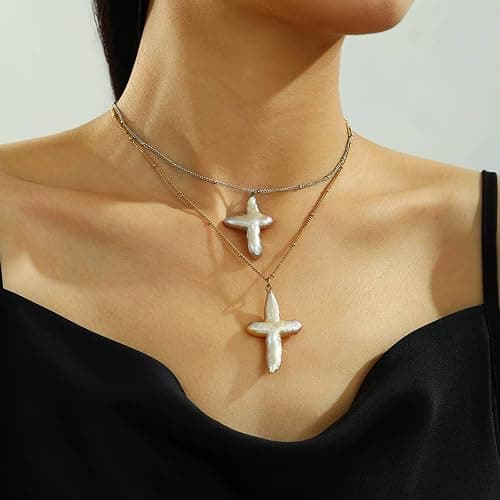 ALRNBY Pearl Cross Necklace for Women Freshwater Natural Chunky Baroque Pearl Necklaces Big 18K Gold Plated Cross Necklace Christian Gifts for Women Men Trendy Jewelry thumbnail 4