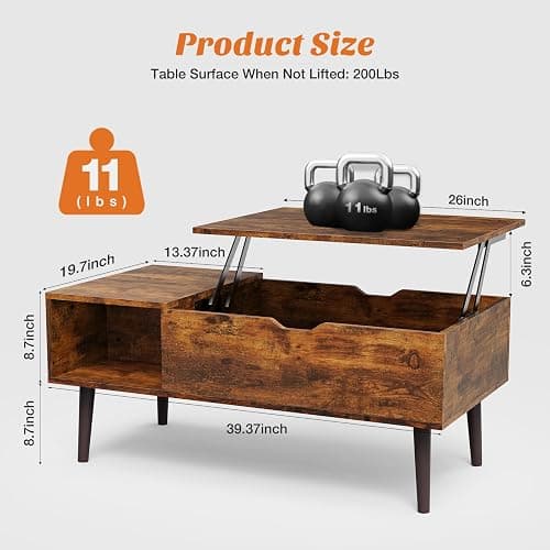 Sweetcrispy Lift Top Coffee Tables for Living Room, Small Rising Wooden Center Tables with Storage Shelf and Hidden Compartment, Brown | Lift Top, Coffee Tables, for Living Room, Rising, Dining Center Tables, with Storage Shelf thumbnail 3