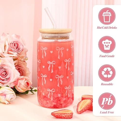 2 Pcs Coquette Cute Pink Bow Glasses Cups, 16 oz Aesthetic Iced Coffee Cup with Lids Brush and Straws Girly Preppy Design Tumbler Mug, Cute Coffee Cups for Teen Girls Women Trendy Gift Preppy Stuff thumbnail 4