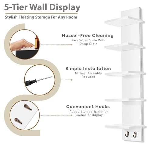 Sorbus 5-Tier Floating Wall Shelf with Hooks, 31 Inch (2 Pack, White) | Vertical five-level utility organization for kitchens, bedrooms and bathrooms; holds towels and mounted essentials. thumbnail 6