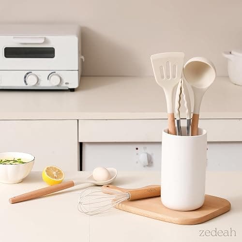 ZEDEAH 11-Piece Silicone Kitchen Utensils Set with Non Toxic Spatula, Tongs, Whisk, Turner & Ladle – Heat Resistant, Non-Scratch Cooking Tools with Wooden Handles, BPA-Free, Dishwasher Safe (Beige) thumbnail 7