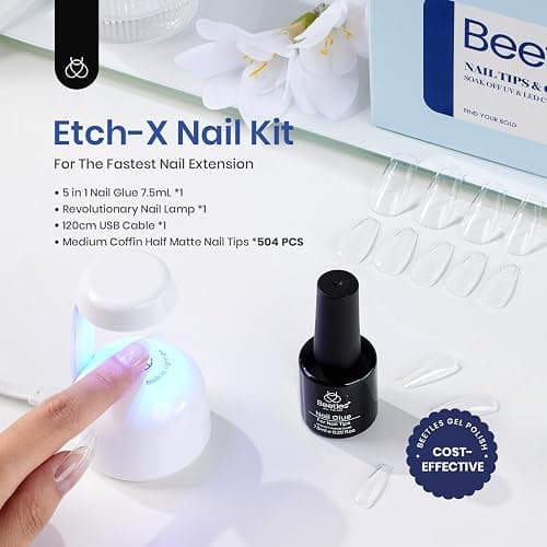 Beetles Gel Nail Kit Easy Nail Extension Set With Etch X Nail Tips 504Pcs Half Matte Medium Coffin Shaped Tips 5 in 1 Nail Glue Base Gel and Innovative Led Lamp Diy Art at Home Nail Kit thumbnail 2