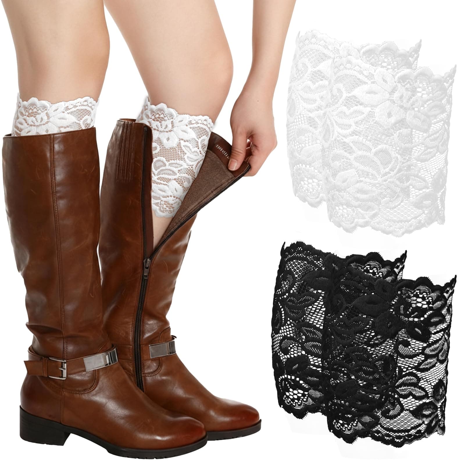  Lace Boot Cuffs for Women - Stretchy Lace Leg Warmers Socks Topper Cuff (Black & White) - Image 1
