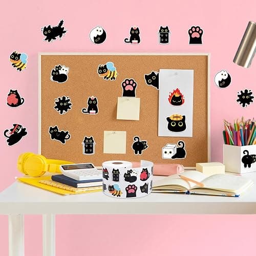 1000Pcs Black Cat Stickers Rolls -16 Patterns Cute Cartoon Cat Stickers, Black Cat Gifts for Adults Kids, Teacher Reward Decals for Water Bottles Laptop Scrapbook thumbnail 2