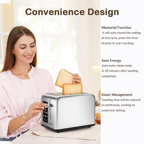 Mecity 2 Slice Toaster Touch Screen 1.5" Wide Slot, Stainless Steel Smart Bread Toaster for Bagel Muffin Waffle Gluten Free Breads, Timer, Defrost, Reheat, 120V 825W - Stainless Steel thumbnail 5