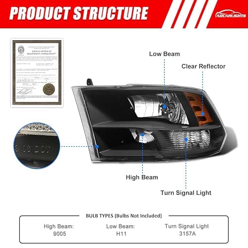 ADCARLIGHTS for 2009-2018 Dodge Ram Headlight Assembly compatible with 2009-2018 Ram 1500/2010-2018 Ram 2500 3500 Black Housing Amber Reflector Headlamp Replacement Left and Right thumbnail 3