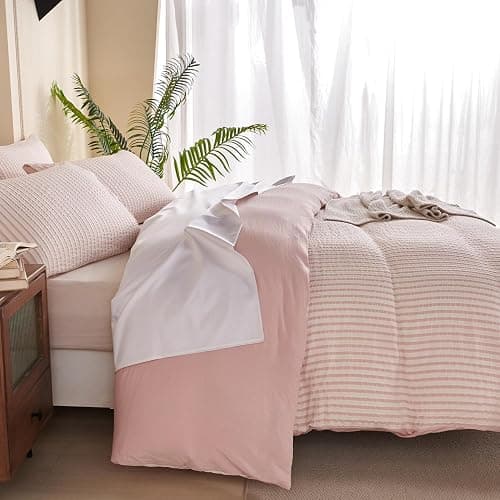 BUPIRD Pink Comforter Set Queen Size Striped 100% Soft Washed Microfiber Jacquard 3 Pieces Striped Bedding Sets Pink White Comforter Queen for All Seasons and 2 Pillowcases Comfort Breathable thumbnail 7