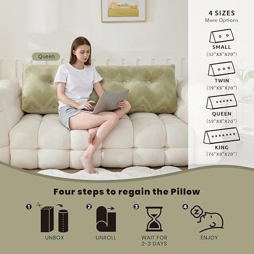 Zelladorra Headboard Pillow for Bed,Triangular Wedge Pillow Headboard Soft Support While Reading and Resting,Bed Bolster Cushion Headboard with Removable Cover,Sage Green,Queen (59"x8"x20") thumbnail 3