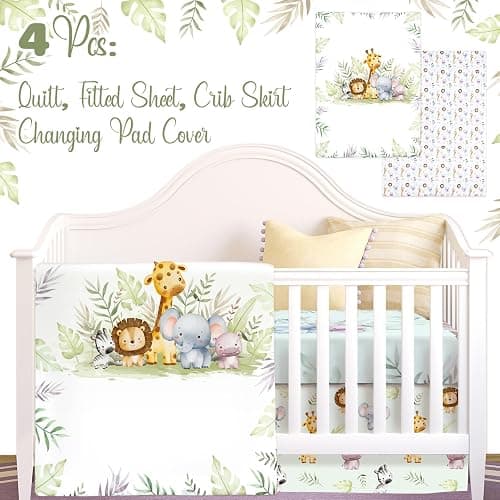 Hahafelt 4 Pieces Baby Crib Bedding Set for Girls and Boys, Soft Baby Bedding Set Including Crib Skirt, Comforter, Sheet and Diaper Stacker for Nursery (Wildlife Theme) thumbnail 6