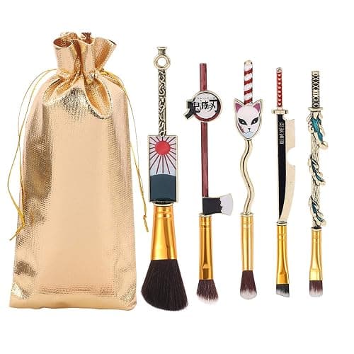 Anime Peripheral Demon Makeup Brushes - 5pcs Kimetsu Noyaiba Make Up Brushes Nezuko Tanjirou Metal Handle Makeup Tools Gift for Fans (Gold) - Image 1