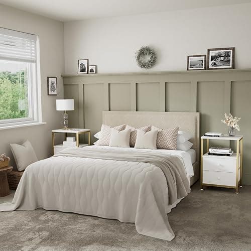 BOLUO Gold Nightstand with Charging Station, LED Night Stand with 2 Fabric Drawers, Bedside Table with USB Ports and Outlets, Nightstand for Bedroom Modern thumbnail 4