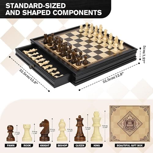 Peradix Magnetic Chess and Checkers Set with 2 Built-in Storage Drawers, Classic 2 in 1 Wooden Board Games, Magnetic Chess Pieces 2 Extra Queens, 12.8" Chess Set for Adults and Kids Gift Package thumbnail 2