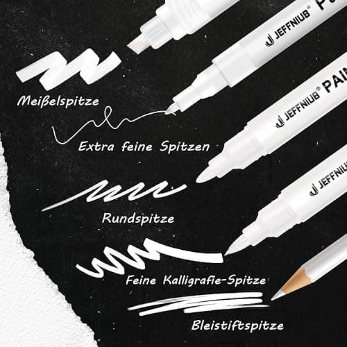 JEFFNIUB Lot de 5 Stylos Blancs pour Art - Set Stylo Opaque avec Pinceau, Fineliner, Crayons et Marqueurs Acryliques - Pour Écriture et Dessin sur Papier Noir thumbnail 3