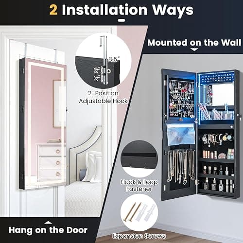 CHARMAID LED Mirror Jewelry Cabinet, Lockable Jewelry Armoire with Adjustable Lighted Full Length Mirror, 3 Lighting Sets, Wall Mounted Door Hanging Jewelry Storage Organizer (Black, 42.5''H) thumbnail 5
