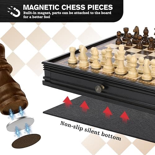 Peradix Magnetic Chess and Checkers Set with 2 Built-in Storage Drawers, Classic 2 in 1 Wooden Board Games, Magnetic Chess Pieces 2 Extra Queens, 12.8" Chess Set for Adults and Kids Gift Package thumbnail 4