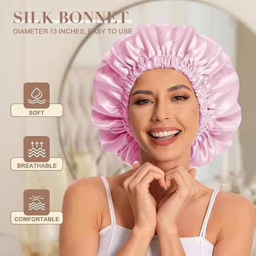 Satin Bonnet Silk Bonnet Hair Bonnet for Sleeping-Slouchy Beanie Hat Satin Sleep Cap for Women's Natural & Curly Hair(Dark Pink) thumbnail 2
