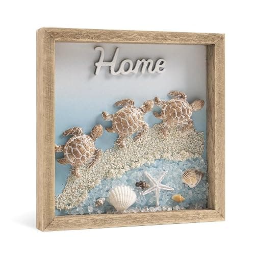 pechpell 3D Beach Wall Decor, 6" Wooden Framed Home Sign with Sea Turtle Starfish Seashell Conch, Summer Coastal Art Ocean Beachy Themed Room for Bathroom Bedroom Table Shelf Office Desk Decorations - Image 1