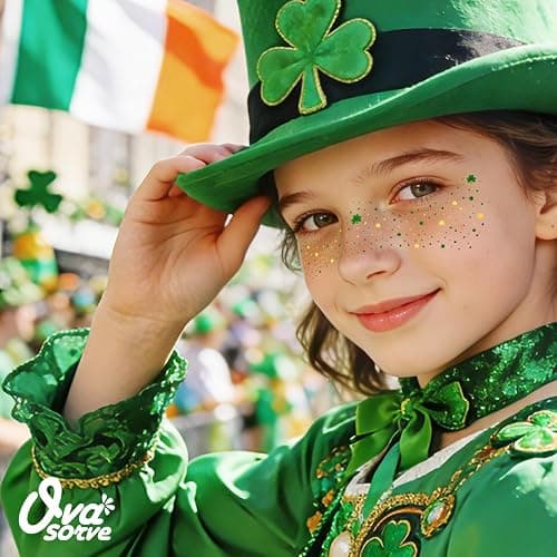 Ovasorve St Patricks Day Accessories Metallic Gold & Green Shamrock Freckles Temporary Tattoos - Shimmer Foil Clover Face Stickers for Women Girls, Waterproof Sparkle Irish Party Makeup (8 Sheets) thumbnail 6