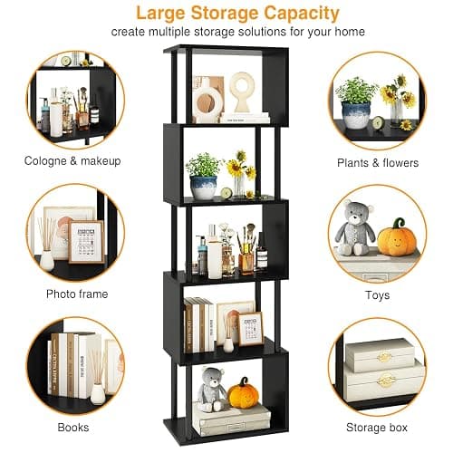 IBUYKE 6-Tier Tall Bookshelf,S-Shaped Geometric Bookcase, Wood Display Shelves with Storage,Modern Bookshelf for Living Room Bedroom, Home Office, Black WBC016B thumbnail 6