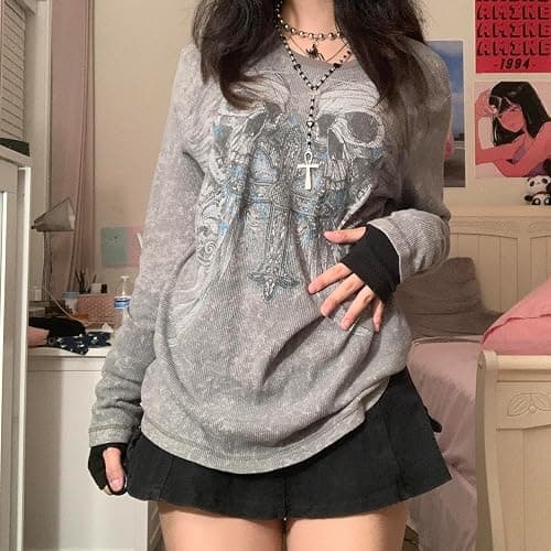 Women Vintage Fairy Grunge Y2K Long Sleeve Shirt Skull Graphic Printed Gothic Tee Tops Aesthetic Harajuku Tops thumbnail 3