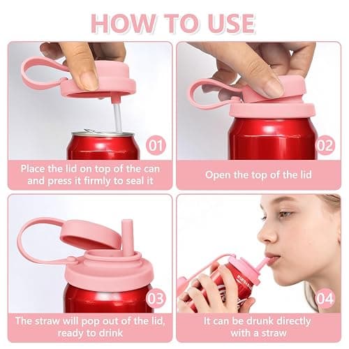 4 Pack Soda Can Lids with Straw, Pop Can Lids with Handle, Reusable Straws Silicone, Can Covers for Soda, Pouch Topper No Spill, BPA-Free, Airtight Seal, Fits Standard 12oz & 16oz Cans thumbnail 5