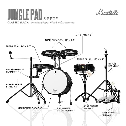 Beatello Jungle Pad Compact Portable Adult 5pc Drum Set, 1.5 inches ultra-thin steel drum Cavity,14 Inches Complete Full Size Kit with Bass, Toms, Snare, Floor,Stands, Hi-Hat Pedal,Drum Pedal,Black thumbnail 8