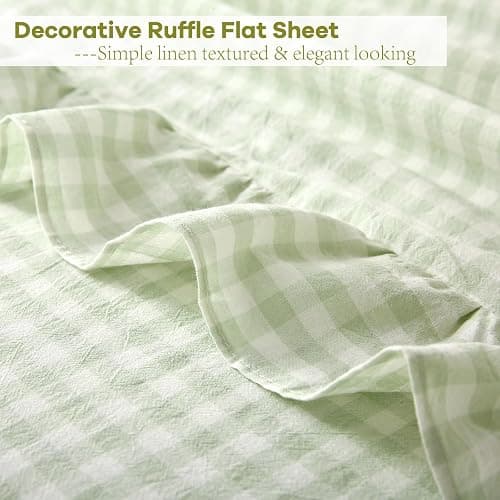 K MASANIJI Pile Green Ruffle Gingham Sheets Twin XL Size 4-Piece Set, 300TC 100% Yarn Dyed Linen Feel Cotton Sheets 18 in Deep Pocket Kids Preppy Decorative Bedding (Pile Green/White Plaid, Twin XL) thumbnail 3