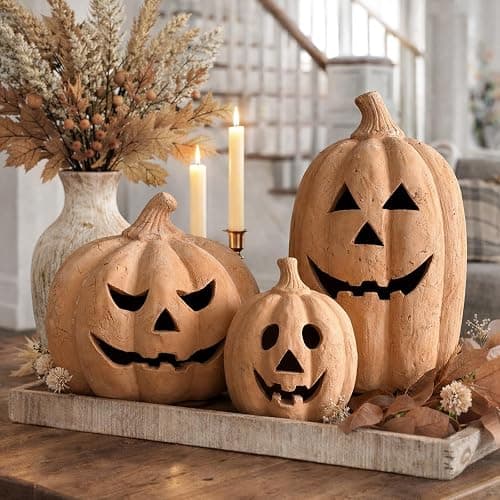 Fall Decor - Halloween Decorations - 15" H Handmade Terracotta Pumpkin Jack O' Lantern Outdoor Indoor -Cute Halloween Farmhouse Autumn Festival Decoration for Home Table Porch Mantel Front Door Room thumbnail 6