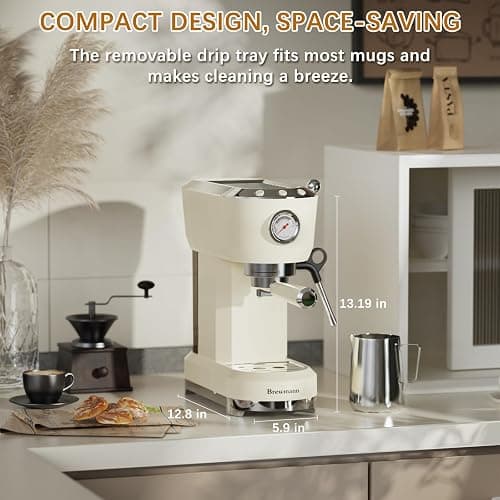Brewmann Espresso Machine 20 Bar, Latte and Cappuccino Machine with Steam Milk Frother, Fast Heating, Professional Espresso Maker for Home, 42oz Removable Water Tank, Cream thumbnail 2