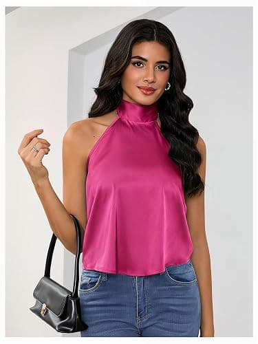 MakeMeChic Women's Satin Silk Halter Tank Tops Backless Going Out Top | Open Back Top, Sleeveless, High Neck, Cute Summer Tops, Classy, Sexy Tops, Party, Club thumbnail 4