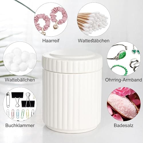 NOVAJOY Badezimmer Set Keramik – 5 Teile, Badezimmer Organizer mit Seifenspender, Seifenschale, Zahnbürstenhalter, Wattestäbchen Kanister, Hochwertiges Badezimmer Deko Set (Beige Weiß) thumbnail 6
