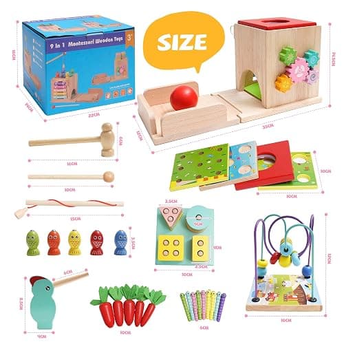 Montessori Jouet Bebe 1 an |9 en 1 Cube d'activités motrices dès 1 an |frapper la balle,Formes À Trier Empiler Jeu,Jouet de Récolte de Carottes,Jouet en Bois pour Cadeau Fille Garcon Bébés 2 3 4 Ans thumbnail 2
