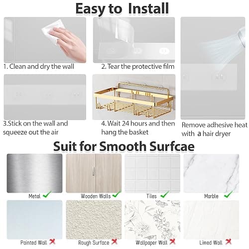 Liuoud 5 Pack Shower Caddy Organizer Rack Shelf for Inside Shower, Self Adhesive Wall Storage Basket Rustproof Stainless Steel Shampoo Holder Bathroom Accessory Decor Set, Gold thumbnail 7