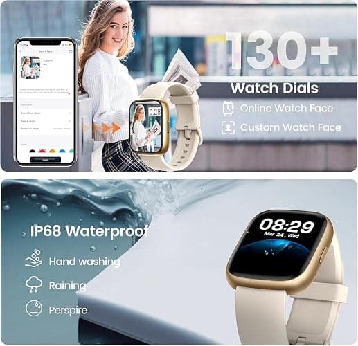 Smart Watch with Alexa Built-in, 1.83" HD Touchscreen Fitness Tracker with Bluetooth Calling, Fitness Watch with Heart Rate/Sleep Monitor/120+ Sports, IP68 Waterproof Smartwatch for Android iOS, Cream thumbnail 6