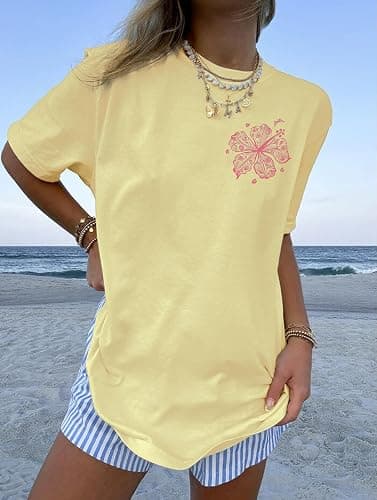 Oversized Graphic Tshirts for Women Teens Y2K Flower Short Sleeve Baggy Shirts Summer Aesthetic Beachy Coastal Tops thumbnail 5
