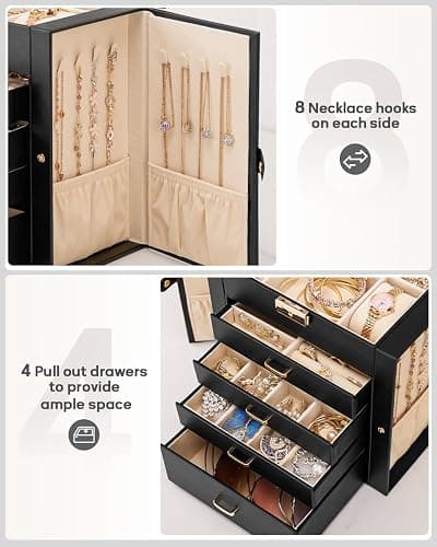 Homde Synthetic Leather Huge Jewelry Box Mirrored Watch Organizer Necklace Ring Earring Storage Lockable Gift Case (Black + Gold) thumbnail 6