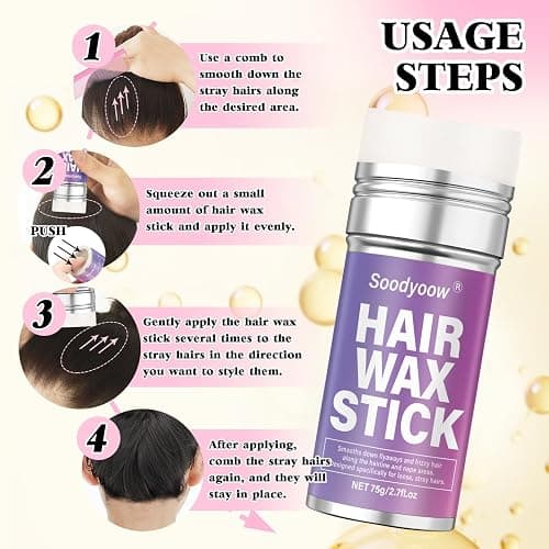 Soodyoow 75g Hair Wax Stick & Slick Back Hair Brush, Non Greasy Anti Frizz Hair Styling Kit for Taming Flyaways, Smoothing Frizz, Sleek Ponytails, Styling Accessories for Women, Girls, Pink thumbnail 4