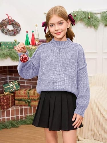 Haloumoning Girls Oversized Sweater Kids Batwing Long Sleeve Mock Neck Pullover Fall Clothes 5-14Y thumbnail 3