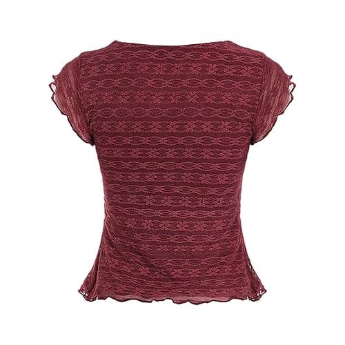 Womens Square Neck Short Sleeve Lace Top Front Tie Ruched Design Casual Blouse for Everyday and Night Out Occasions thumbnail 4