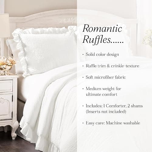 Lush Decor Reyna Ruffle Comforter Set - 3 Piece Full/Queen Size Ruffle Comforter Set - Elegance for Bedroom - Full/Queen, Pure White thumbnail 6