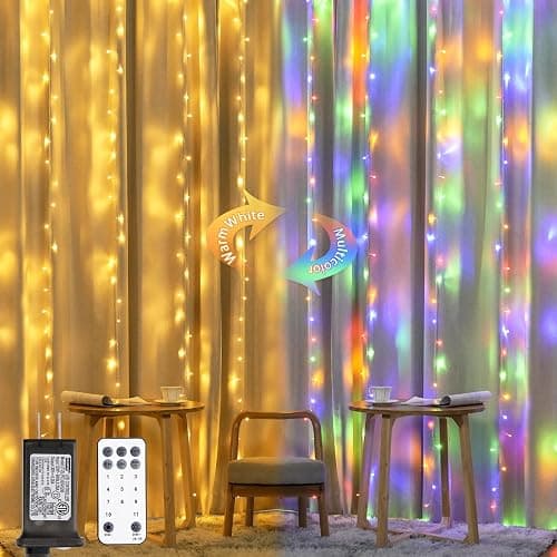 JMEXSUSS 300LED Dual Color Changing Curtain Lights, Plug in, 9.8 x 9.8ft | Remote, Connectable, Warm White to Multicolor Hanging String Lights for Bedroom, Dorm, Classroom, Party, Backdrop, Xmas Decor - Image 1