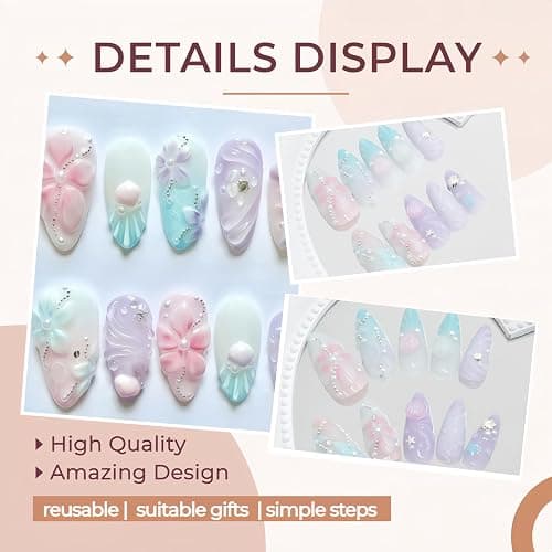 24Pcs 3D Flower Press on Nails Medium Almond Fake Nails Pearl Rhinestones Flower False Nails with 3D Seashell Designs Acrylic Nails Starfish Shell Glue on Nail Acrylic Nails for Women Manicure DIY thumbnail 2